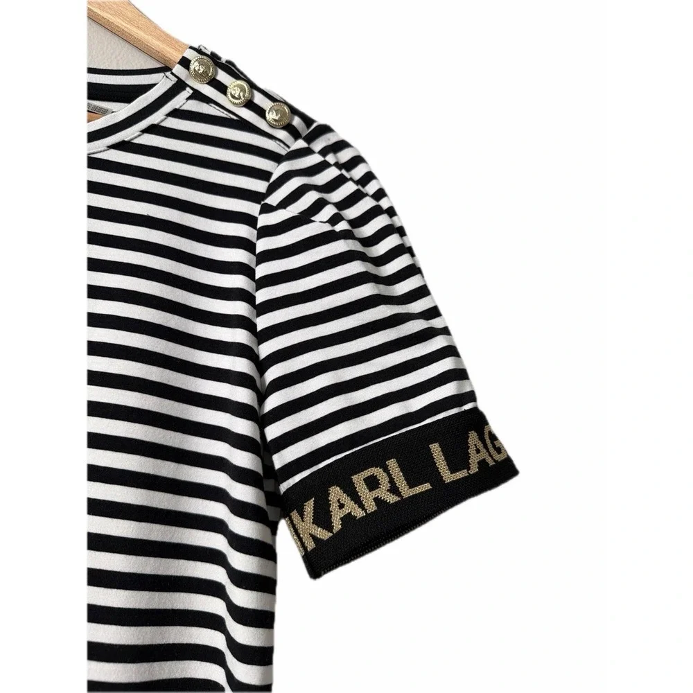 Karl Lagerfeld Paris‎ Striped Logo Tape Puff Sleeve Tshirt Dress Sz XS - Picture 5 of 11